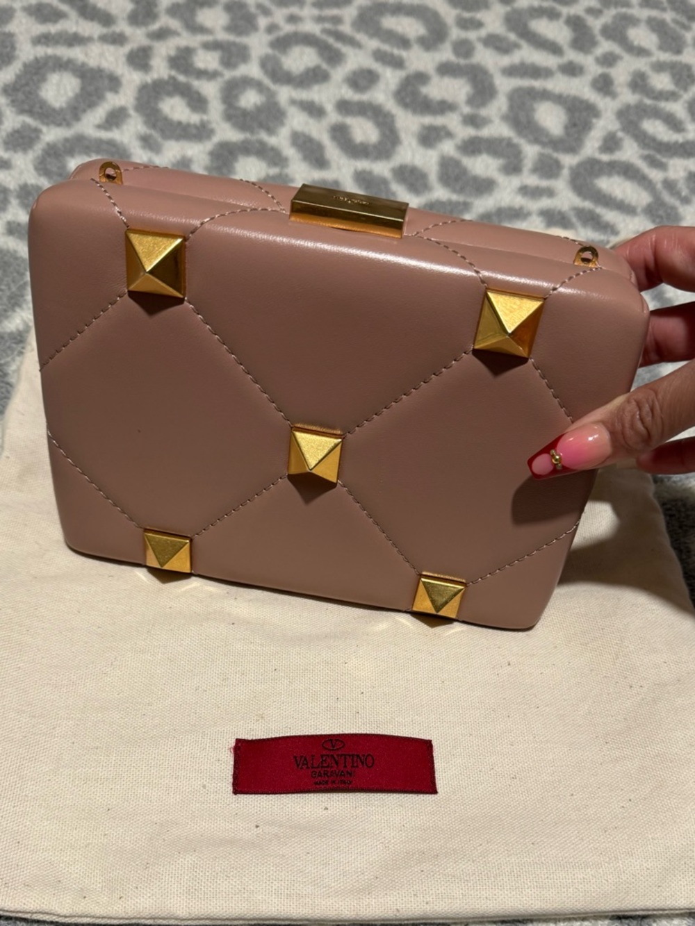 Valentino Garavani Roman Stud Blush Quilted Leather Clutch